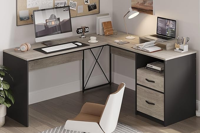 Bestier L Shaped Desk with Drawers, 55 inch Office L Desk with Reversible File Drawer, Industrial Wood Computer Desk with Monitor Stand (Retro Grey Oak Light) - LeafyLoom