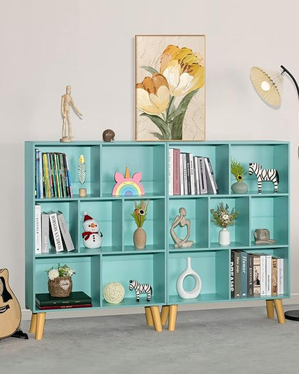 LEYAOYAO 7 Cube Bookshelf 3-Tier Bookcase with Legs, Mint-Green Kids Book Shelf Cute Storage Organizer, Toy Shelves Bookshelves,Wood Display Bookcases - LeafyLoom