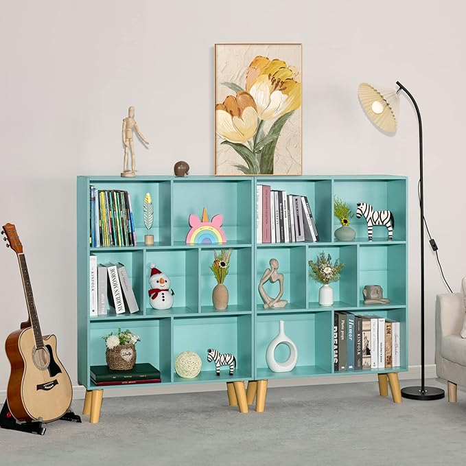 LEYAOYAO 7 Cube Bookshelf 3-Tier Bookcase with Legs, Mint-Green Kids Book Shelf Cute Storage Organizer, Toy Shelves Bookshelves,Wood Display Bookcases - LeafyLoom