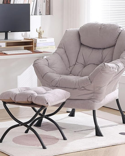Lazy Chair with Ottoman, Modern Chair with Folding Footrest, Lounge Accent Chair, Comfortable Reading Chair, Oversized Armchairs for Bedroom, Study, Living Room, Courtyard (Light Grey) - LeafyLoom