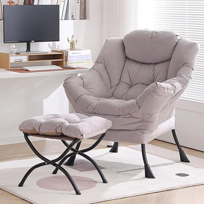 Lazy Chair with Ottoman, Modern Chair with Folding Footrest, Lounge Accent Chair, Comfortable Reading Chair, Oversized Armchairs for Bedroom, Study, Living Room, Courtyard (Light Grey) - LeafyLoom