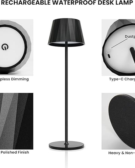 Modern LED Rechargeable Table Lamp,5200mAh Desk Lamp with Stepless Dimming, Touch Switch Cordless Waterproof Night Light for Bedroom Camping Restaurant Bar (Black, 3000K, Warm White) - LeafyLoom