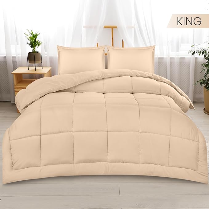 Utopia Bedding King Size Comforter Set with 2 Pillow Shams, Bedding Comforter Sets, Down Alternative Beige Comforter, Soft and Comfortable, Machine Washable - LeafyLoom