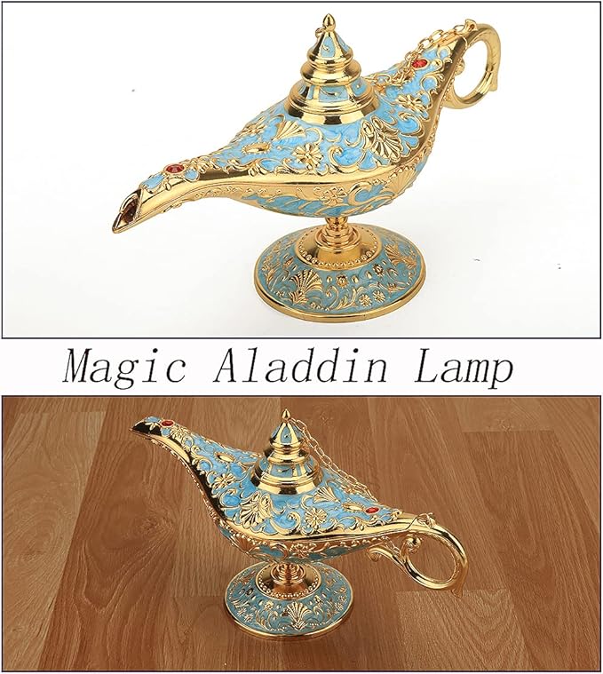 Legend Aladdin Lamp Magic Genie Wishing Light, Classic Arabian Nights Costume Props Lamp Table Decor for Home Wedding Party Halloween Birthday Beautiful Gift Toy for Women Girl (Lake Blue) - LeafyLoom