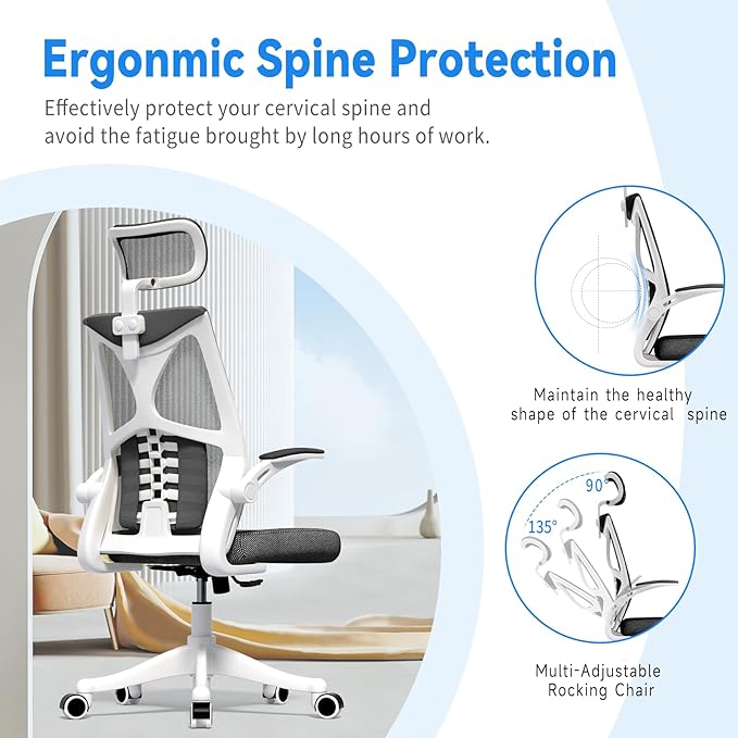 Ergonomic Office Chair, Computer Mesh Chair, Home Office Desk Chairs with Adjustable Headrest and Height, High Back Swivel Task Chair with Flip Up Armrest… - LeafyLoom