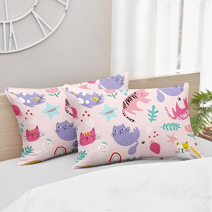 Kawaii Cats Comforter Full Size,Pink Cats Kids Comforter Set,3Pcs Bedding Set Printed Comforter with 2 Pillowcases,Down Alternative,Soft and Lightweight,for All Seasons - LeafyLoom
