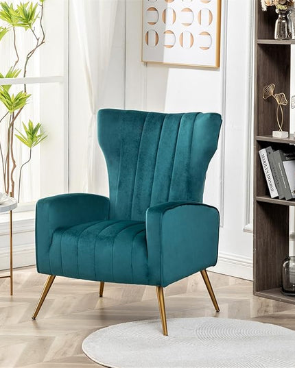 Armchair Modern Velvet Accent Chair, Channel Tufted Bedroom, Office or Living Room Furniture with Elegant Metal Legs, Blueish Green - LeafyLoom
