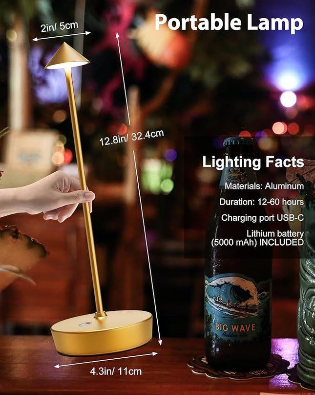 Cordless Table Lamps Rechargeable, 6000mAh Battery Operated LED Desk Lamp Outdoor Waterproof Portable Touch Dimmable Table Night Light for Patio Restaurant Dining Home Gold - LeafyLoom