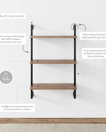 Nathan James Theo 3-Shelf Small Bookcase, Floating Wall Mount Bookshelf with Wood and Industrial Pipe/Metal Frame, Rustic Oak/Matte Black - LeafyLoom