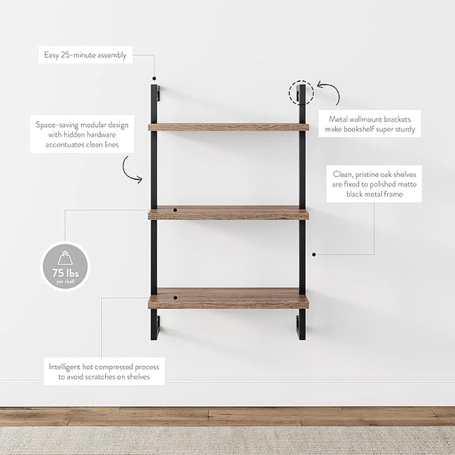 Nathan James Theo 3-Shelf Small Bookcase, Floating Wall Mount Bookshelf with Wood and Industrial Pipe/Metal Frame, Rustic Oak/Matte Black - LeafyLoom