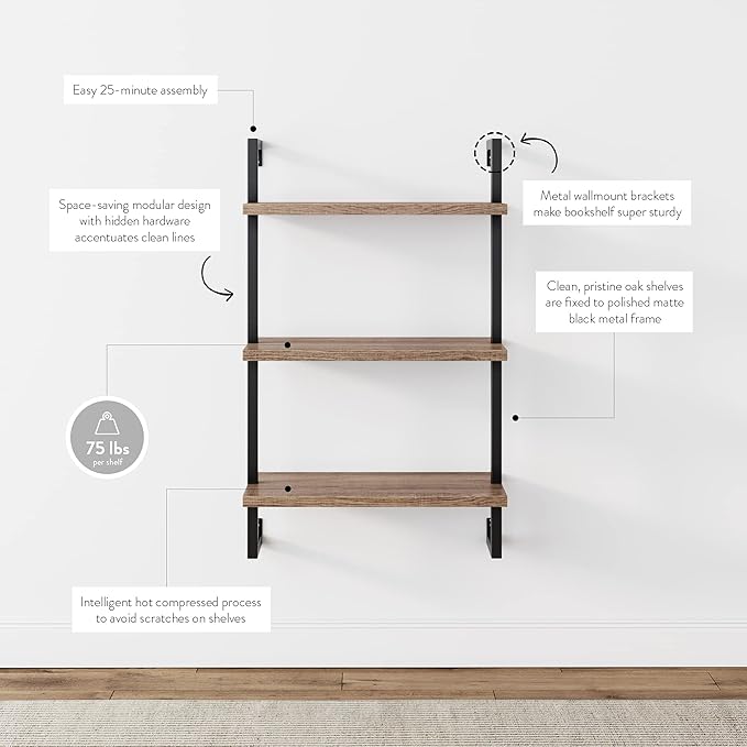 Nathan James Theo 3-Shelf Small Bookcase, Floating Wall Mount Bookshelf with Wood and Industrial Pipe/Metal Frame, Rustic Oak/Matte Black - LeafyLoom