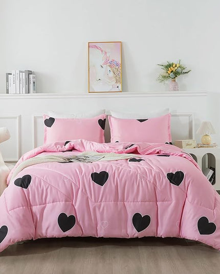 Love Pattern Girls Pink Comforter Set King Size, Blush Pink Cute Love Heart Sexy Comforter Bedding Set for All Seasons, Soft Microfiber 3 Pieces Comforter Set with Pillowcases - LeafyLoom