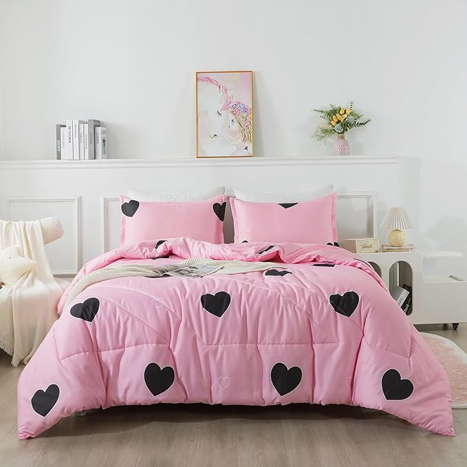 Love Pattern Girls Pink Comforter Set King Size, Blush Pink Cute Love Heart Sexy Comforter Bedding Set for All Seasons, Soft Microfiber 3 Pieces Comforter Set with Pillowcases - LeafyLoom