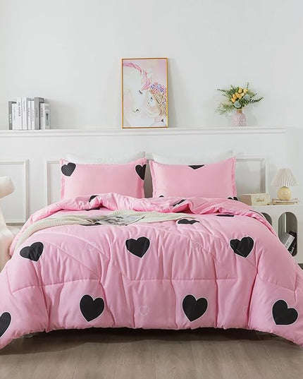 Girls Pink Comforter Set Twin Size, Blush Pink Cute Love Heart Print Sexy Comforter Bedding Set for All Seasons, Geometric Soft Microfiber Comforter Set with Pillowsham - LeafyLoom