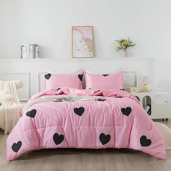 Girls Pink Comforter Set Twin Size, Blush Pink Cute Love Heart Print Sexy Comforter Bedding Set for All Seasons, Geometric Soft Microfiber Comforter Set with Pillowsham - LeafyLoom