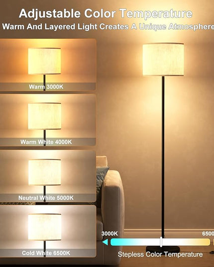 LED Floor Lamp for Living Room,Dimmable Standing Lamps with Lampshade and LED Bulb,Custom Color Temperature Tall Lamp for Bedroom with Foot Switch and Remote,Black Pole Lamp for Kid Room - LeafyLoom