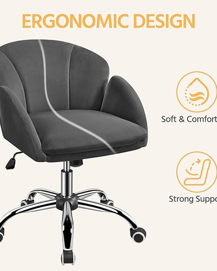 Yaheetech Cute Velvet Desk Chair for Home Office, Makeup Vanity Chair with Armrests for Bedroom Modern Swivel Rolling Chair for Women Dark Gray - LeafyLoom