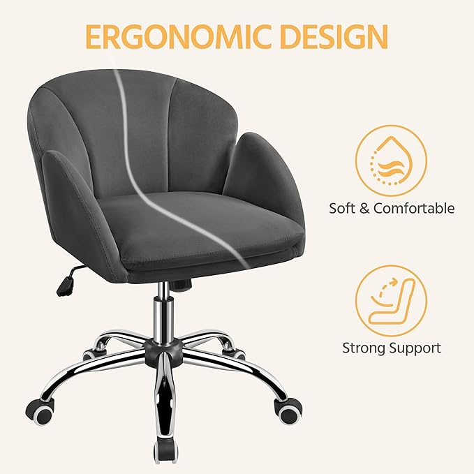 Yaheetech Cute Velvet Desk Chair for Home Office, Makeup Vanity Chair with Armrests for Bedroom Modern Swivel Rolling Chair for Women Dark Gray - LeafyLoom
