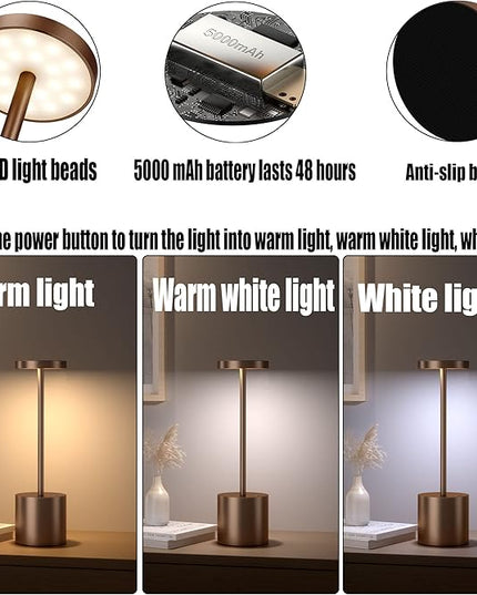 2Pack Cordless Table Lamp, Rechargeable LED Battery 5000mAh Metal USB Portable Powered Desk Lamp, 3 Levels Brightness Light for Restaurants Outdoor (2 pack 10.25in Coffee) - LeafyLoom