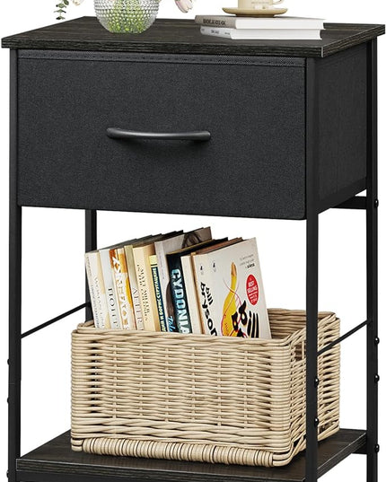 WLIVE Black Nightstand, Bedside Table with Fabric Storage Drawer, Open Wood Shelf, Bed Side Table, Night Stand for Bedroom Furniture, End Table for Living Room, Dorm, Entryway, 24.9" Height - LeafyLoom