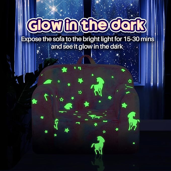 ALIMORDEN Kids Ultra-Soft Snuggle Foam Filled Chair, Cuddly Sherpa Reading Couch for Boys and Girls,Glow-in-The-Dark Unicorn Pattern - LeafyLoom