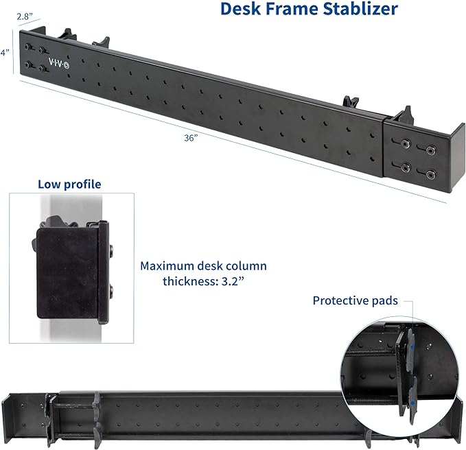 VIVO Black Universal Steel Clamp-on Desk Stabilizer Bar, 36 to 61.6 inch Bracket Support System for Sit to Stand Desk Frames, DESK-STB01B - LeafyLoom