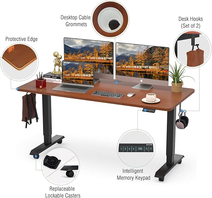 Monomi Electric Standing Desk, 55x28 Inches Adjustable Height Desk, Home Office Sit Stand Up Desk (Black Frame/Cherry Top) - LeafyLoom