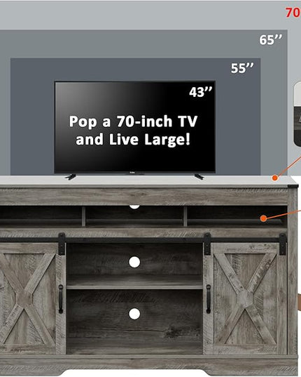Farmhouse TV Stand with Sliding Barn Door for TVs up to 65+ Inch, 34" Tall Entertainment Center, Wood Media Console Storage Cabinet for Bedroom, Living Room, Light Grey - LeafyLoom