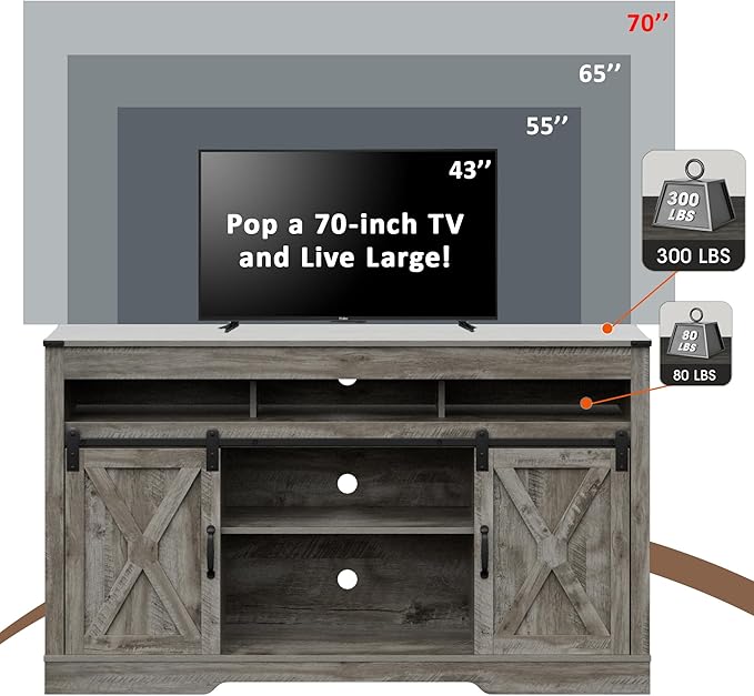 Farmhouse TV Stand with Sliding Barn Door for TVs up to 65+ Inch, 34" Tall Entertainment Center, Wood Media Console Storage Cabinet for Bedroom, Living Room, Light Grey - LeafyLoom
