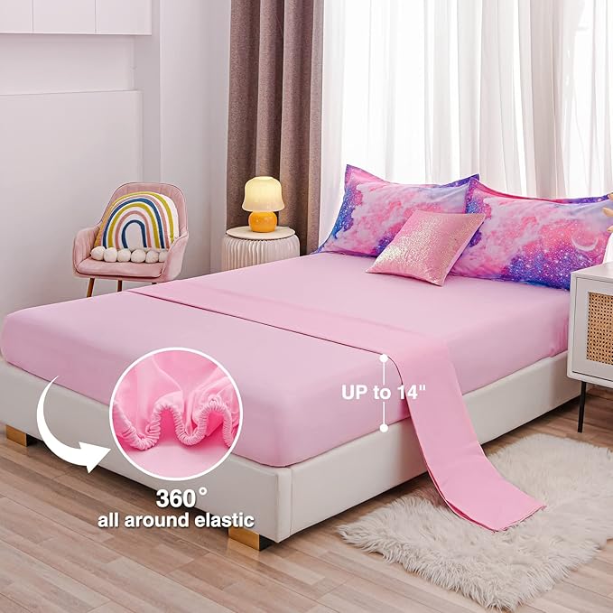 A Nice Night Galaxy Bedding Sets Outer Space Comforter 3D Printed Space Quilt Set Full 6Pcs Glitter Pink,for Children Boy Girl Teen Kids - LeafyLoom