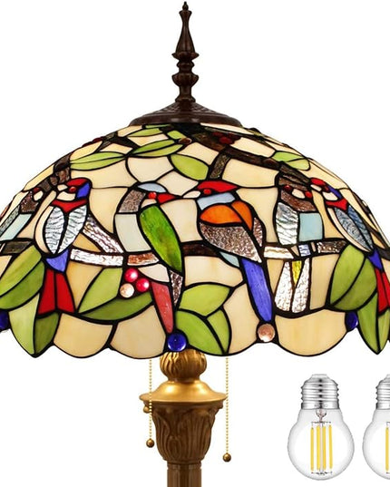WERFACTORY Tiffany Floor Lamp Double Birds Amber Stained Glass Standing Reading Light 16X16X64 Inches Antique Pole Corner Lamp Decor Bedroom Living Room Home Office S805 Series - LeafyLoom