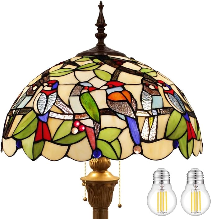 WERFACTORY Tiffany Floor Lamp Double Birds Amber Stained Glass Standing Reading Light 16X16X64 Inches Antique Pole Corner Lamp Decor Bedroom Living Room Home Office S805 Series - LeafyLoom