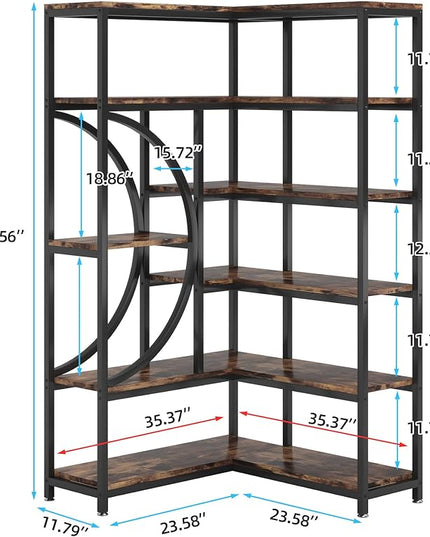 TIYASE 6-Shelf Corner Bookshelf Industrial 6-Tier Corner Etagere Bookcase, Large Corner Shelf L-Shaped Book Shelves Display Storage Rack with Metal Frame for Living Room Home Office, Rustic Brown - LeafyLoom