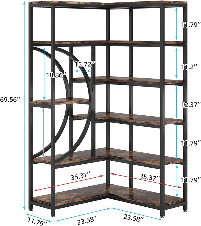 TIYASE 6-Shelf Corner Bookshelf Industrial 6-Tier Corner Etagere Bookcase, Large Corner Shelf L-Shaped Book Shelves Display Storage Rack with Metal Frame for Living Room Home Office, Rustic Brown - LeafyLoom