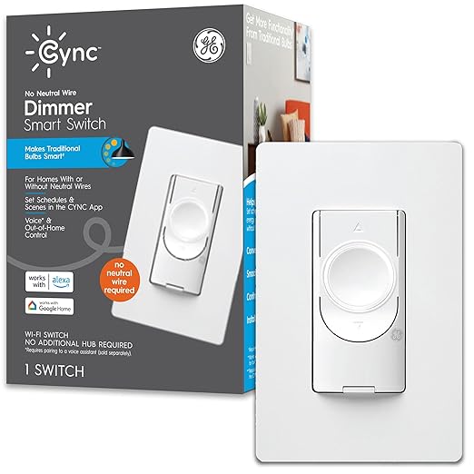 GE CYNC Smart Dimmer Light Switch, No Neutral Wire Required, Bluetooth and 2.4 GHz WiFi 3-Wire Switch, Works with Amazon Alexa and Google Home, White (1 Pack) CYNCSmartHome