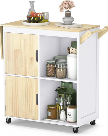 Usinso Rolling Kitchen Island, Kitchen Island Storage Cabinets on Wheels with Drop Leaf Countertop, Handle Racks, Caster Liquor Cart Suitable for Placing (White) - LeafyLoom