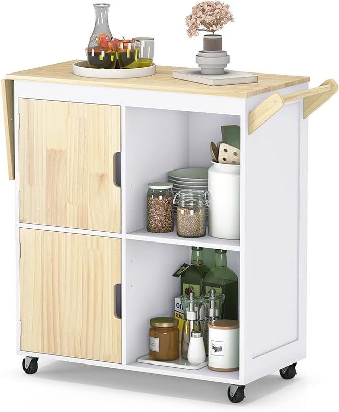 Usinso Rolling Kitchen Island, Kitchen Island Storage Cabinets on Wheels with Drop Leaf Countertop, Handle Racks, Caster Liquor Cart Suitable for Placing (White) - LeafyLoom
