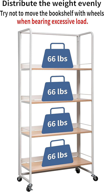No-Assembly Folding Bookshelf Storage Rack Shelves with Castors 4 Tiers Vintage Bookcase Standing Racks Multifunctional Plant Flower Stand Study Organizer for Home Office (Wood,White) - LeafyLoom