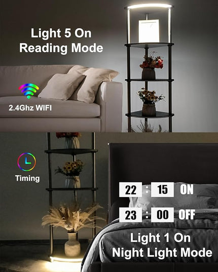Floor Lamp with Shelves Corner Shelf with Lights Standing Lamp with Charging Stake APP Control Music Sync Multicolor Corner Lamp for Living Room White 5 Tier - LeafyLoom