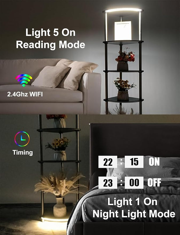 Floor Lamp with Shelves Corner Shelf with Lights Standing Lamp with Charging Stake APP Control Music Sync Multicolor Corner Lamp for Living Room White 5 Tier - LeafyLoom
