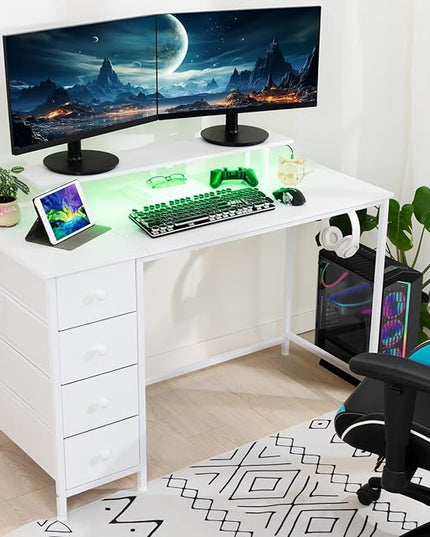 White Computer Desk with LED Light & Power Outlets, 55 Inch Gaming Desk with 4 Fabric Drawers, Office Desk with Monitor Stand, Work Writing Desk with Hooks for Home Office, Bedroom, HGD14WT - LeafyLoom