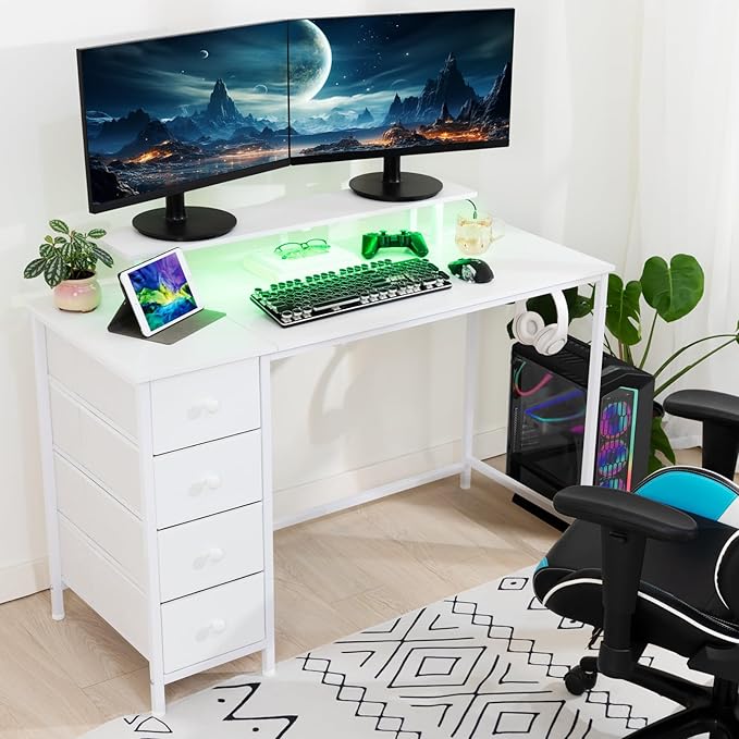 White Computer Desk with LED Light & Power Outlets, 55 Inch Gaming Desk with 4 Fabric Drawers, Office Desk with Monitor Stand, Work Writing Desk with Hooks for Home Office, Bedroom, HGD14WT - LeafyLoom