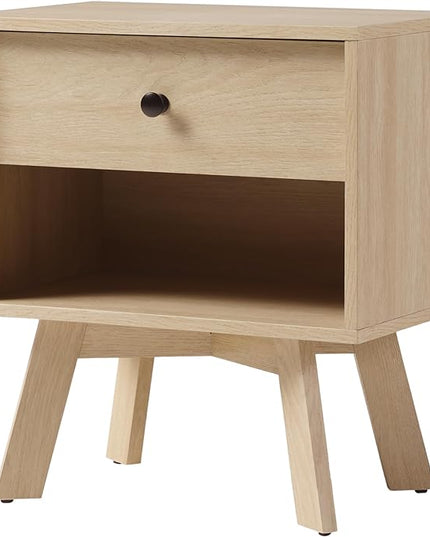 Walker Edison Mid-Century Modern 1 Nightstand Bedroom Storage Drawer and Shelf Bedside End Table, 21 Inch, Coastal Oak - LeafyLoom