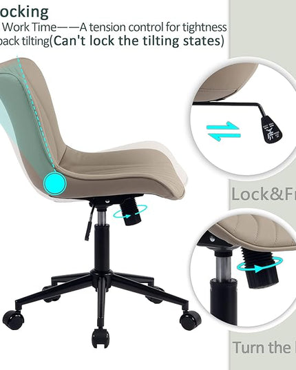 YOUTASTE Office Chair Armless Desk Chair Small Computer Swivel Rolling Chair with Wheels, Modern Upholstered PU Leather Task Chair, Adjustable Home Office Desk Chairs for Computer, Khaki - LeafyLoom