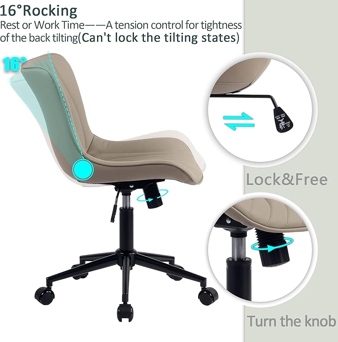 YOUTASTE Office Chair Armless Desk Chair Small Computer Swivel Rolling Chair with Wheels, Modern Upholstered PU Leather Task Chair, Adjustable Home Office Desk Chairs for Computer, Khaki - LeafyLoom