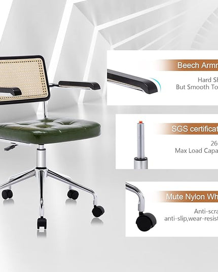 Zesthouse Modern Home Office Chair Leather Desk Chair with Rattan Back, Vanity Chair for Girls Women, Upholstered Tufted Swivel Armchair for Bedroom, Height Adjustable Computer Task Chair - LeafyLoom