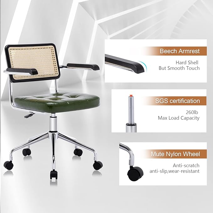 Zesthouse Modern Home Office Chair Leather Desk Chair with Rattan Back, Vanity Chair for Girls Women, Upholstered Tufted Swivel Armchair for Bedroom, Height Adjustable Computer Task Chair - LeafyLoom