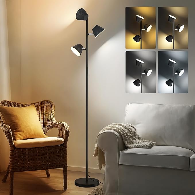 LED Tree Floor Lamp 42W, 4200 Lumens Super Bright Floor Lamps for Living Room with Remote & Touch Control, 3 Rotatable lights 4 Color Temperatures, Modern Tall Standing Lamp for Bedroom Office - LeafyLoom