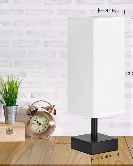 White Small Bedside Lamp for Bedroom - Table Lamps for Nightstand, Minimalist Night Stand Lamp with Square Linen Shade, Desk Reading Lamp for Kids Room Living Room Office with Black Base - LeafyLoom