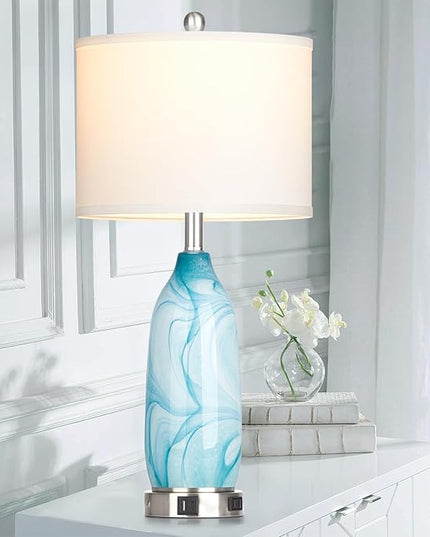 26" Coastal Table Lamps Set of 2, Modern Table Lamps with USB A+C Ports & AC Outlet, Touch Control Glass Bedside Nightstand Lamp with Night Light for Living Room Bedroom End Table Blue(Bulbs Included) - LeafyLoom